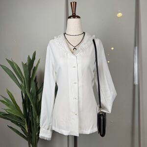 Soft Vintage Romantic Parisian White Victorian Edwardian Lace 70s Blouse Size 14